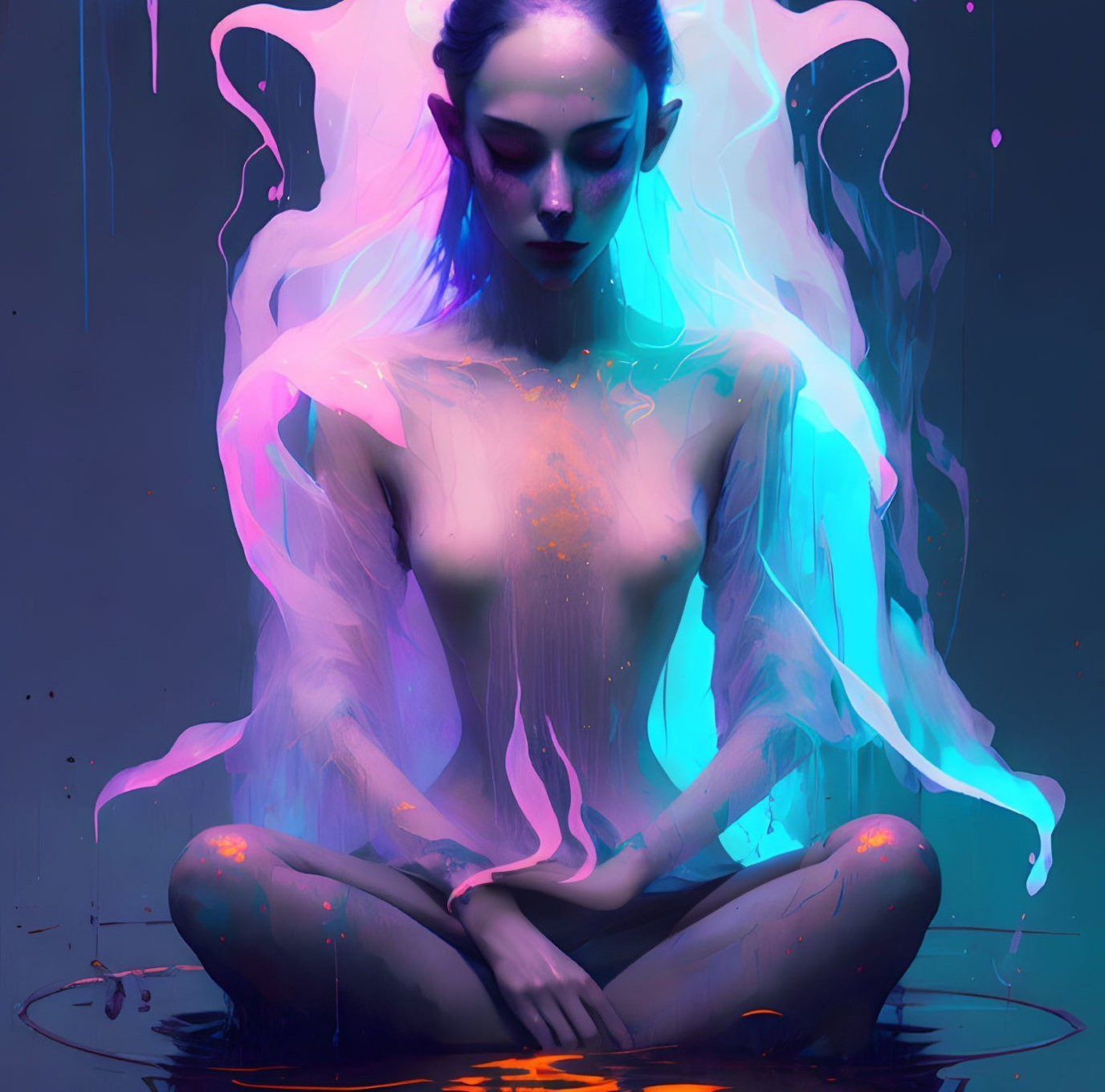 Ethereal figure in meditative pose with vibrant neon colors