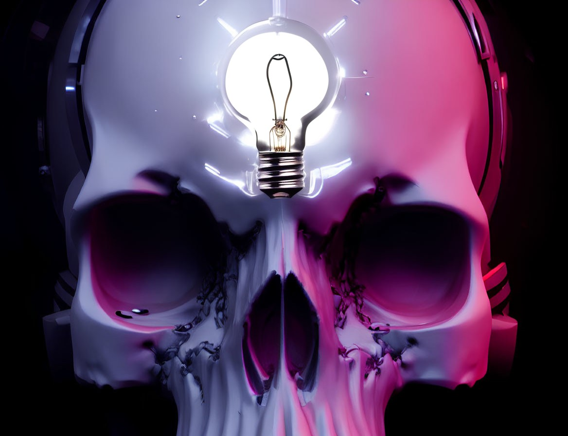 Digital artwork: Light bulb in pink skull halves on dark background