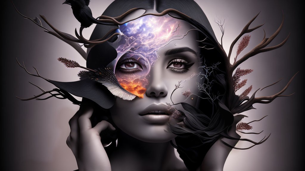 Surreal portrait of a woman with cosmic face and nature elements