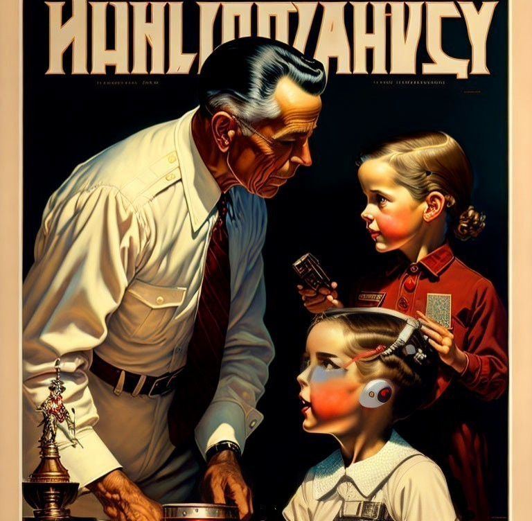 Vintage-style poster featuring man in white shirt and tie talking to child with toy space pistol, another child