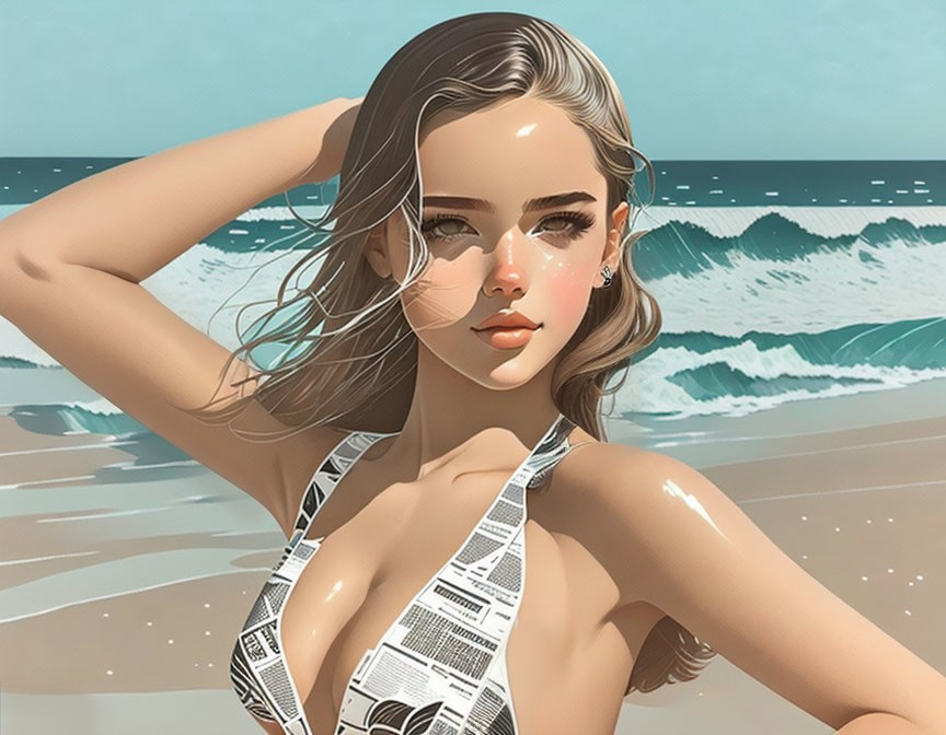 Woman in swimsuit at beach with waves - Illustration.