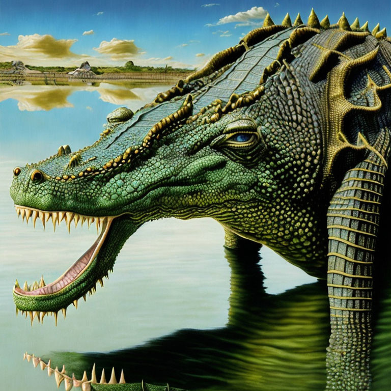 Detailed Illustration: Green Crocodile Head with Sharp Teeth and Textured Scales