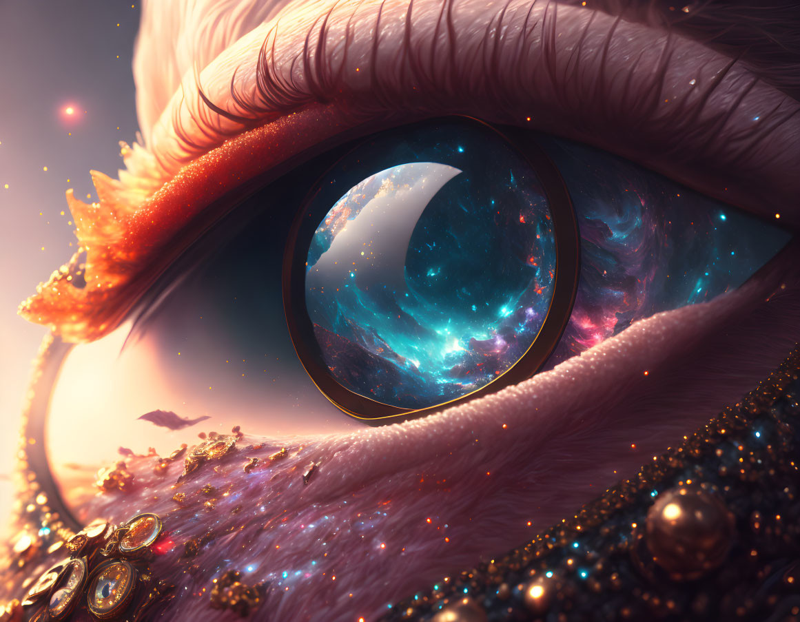 Close-up Digital Artwork: Eye Reflecting Cosmic Galaxy, Gold & Jewels