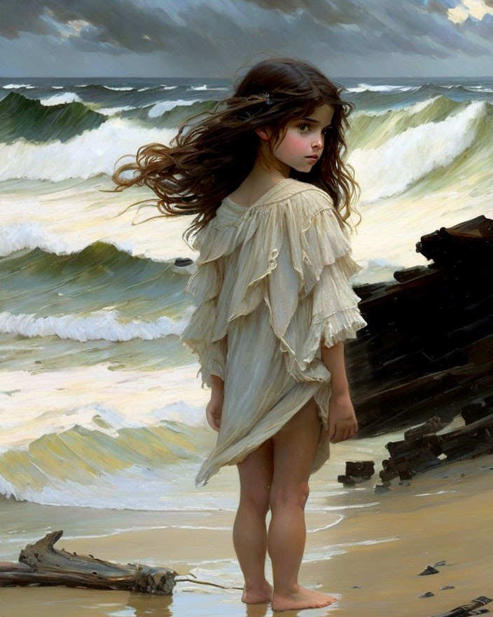 Young girl in white dress on beach with stormy seas in background