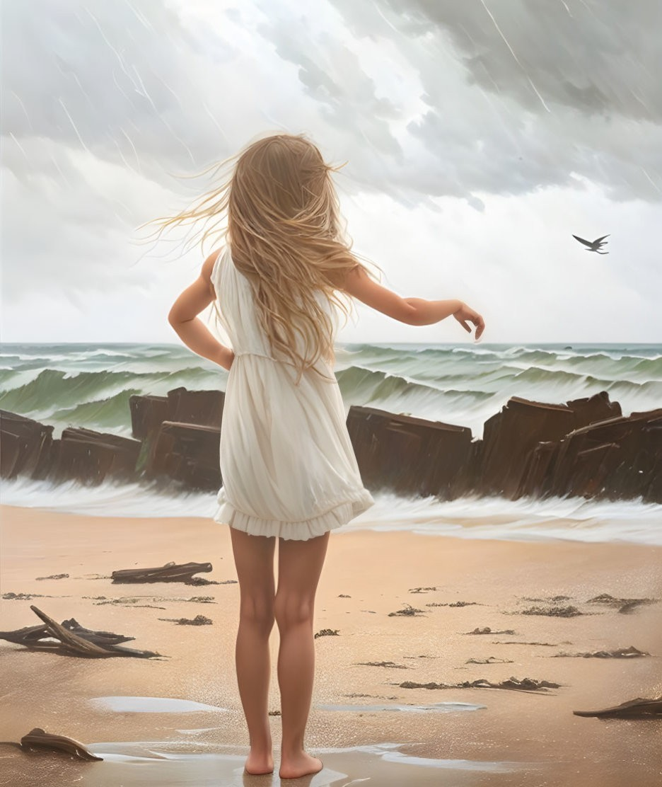 Blonde girl in white dress on beach watching stormy seas and bird