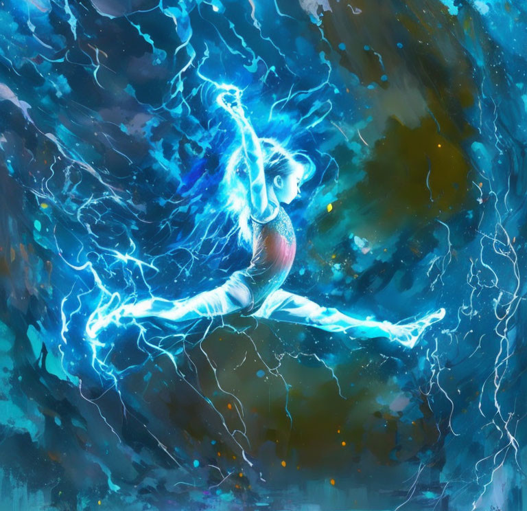 Dynamic Blue Lightning Artwork Featuring Person Mid-Air