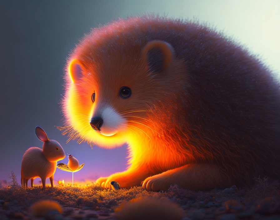 Glowing orange fluffy creature meets small mouse under purple-lit sky