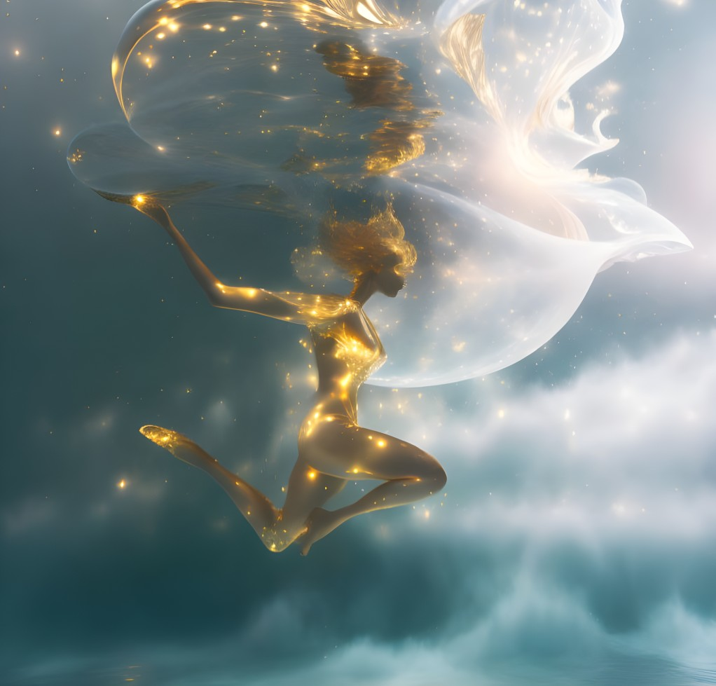 Surreal female figure with glowing gold lines and flowing white fabric on starry background