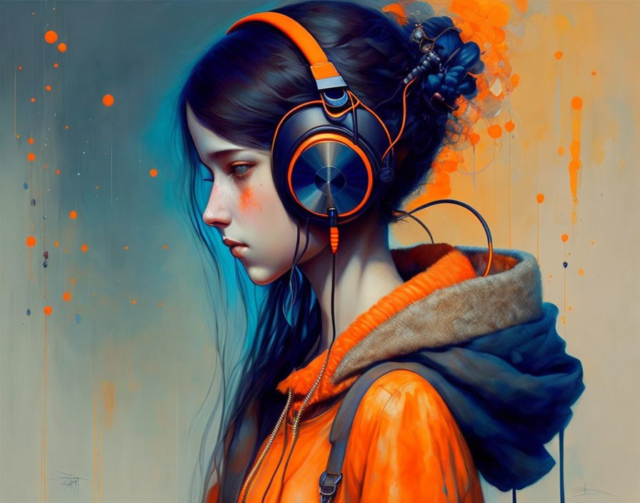 Stylized illustration of girl with blue hair in orange headphones and jacket against orange splashes