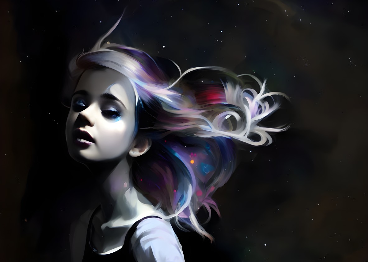 Digital Painting: Girl with Flowing Hair in Cosmic Fantasy Scene