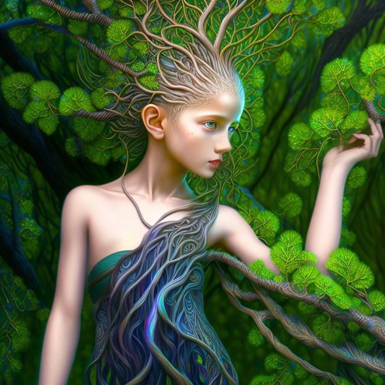 Fantastical female figure with tree-like hair in lush greenery