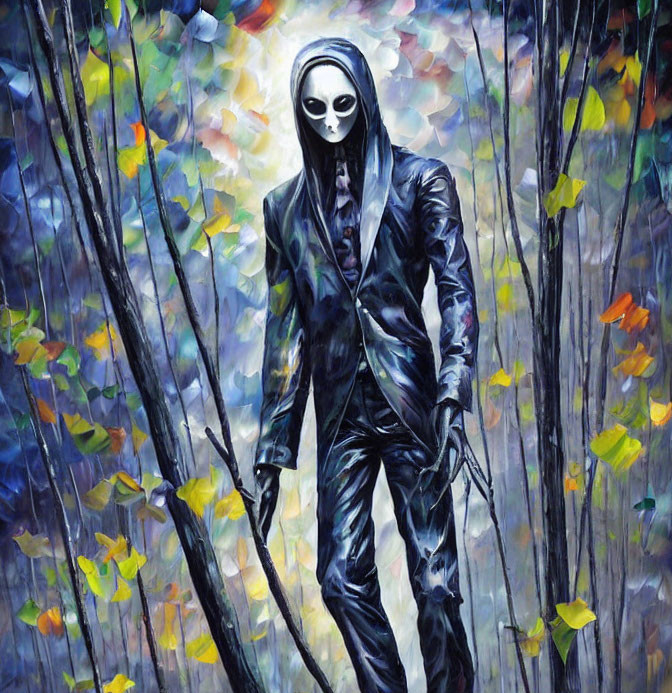 Skull-masked figure in black suit in vibrant forest scene