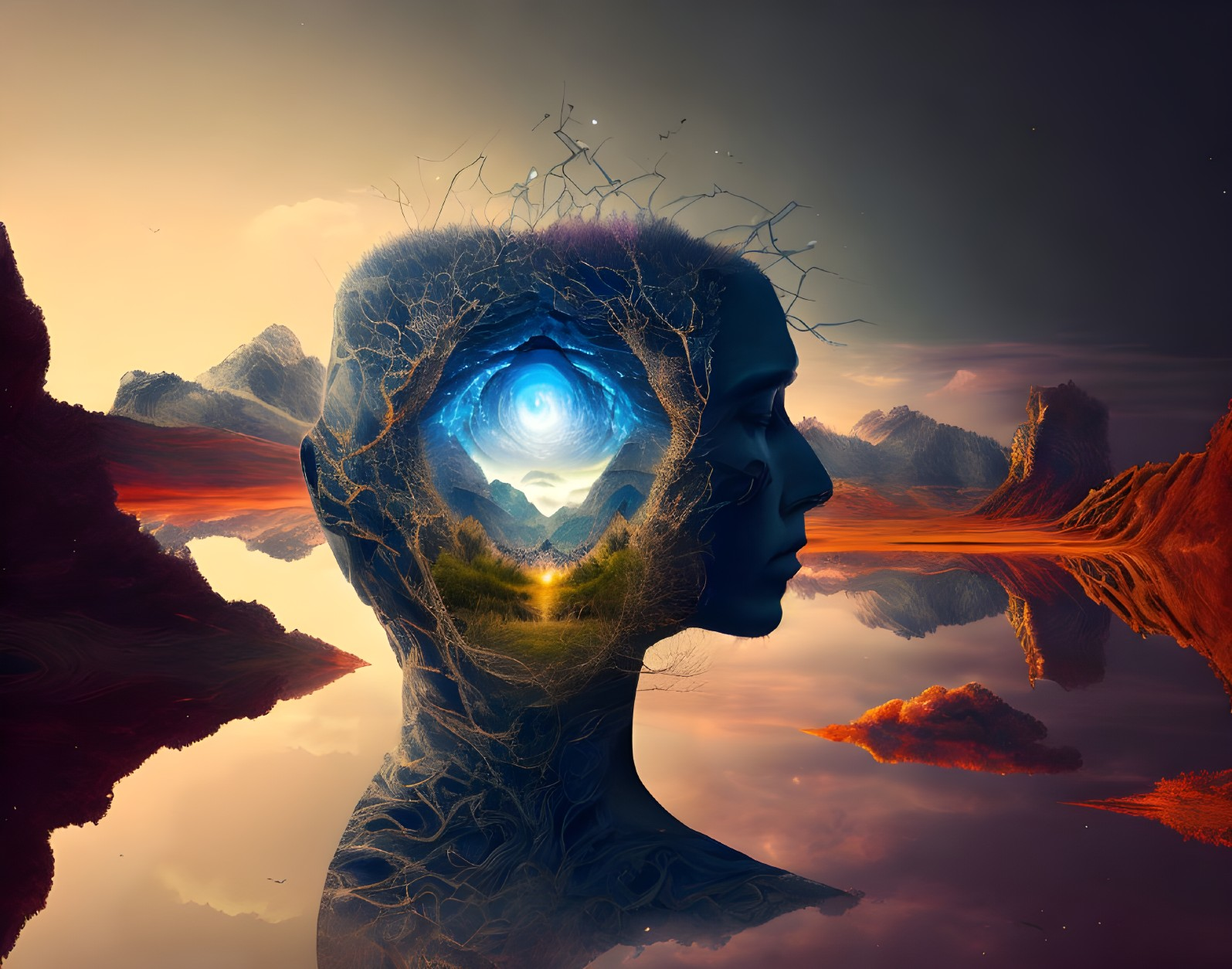 Vibrant surreal human head silhouette with shining eye in vibrant landscape