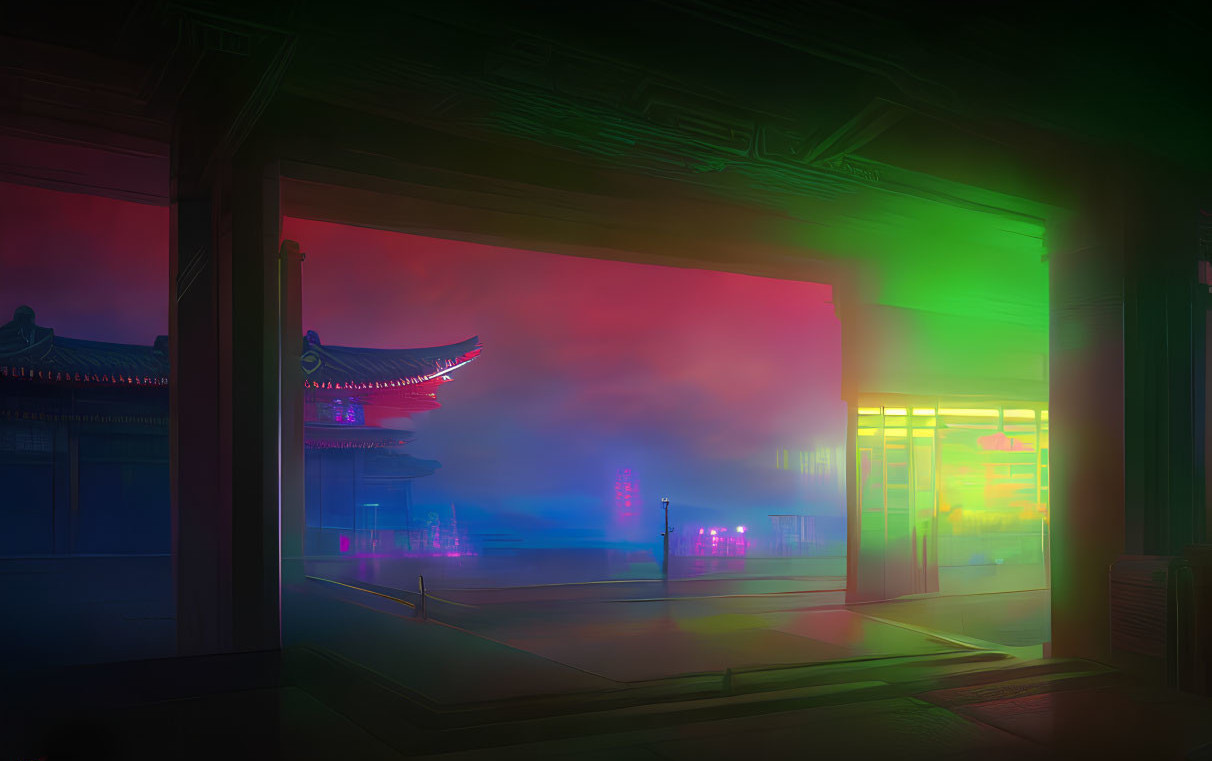 Neon-lit traditional Asian architecture scene with colorful lights