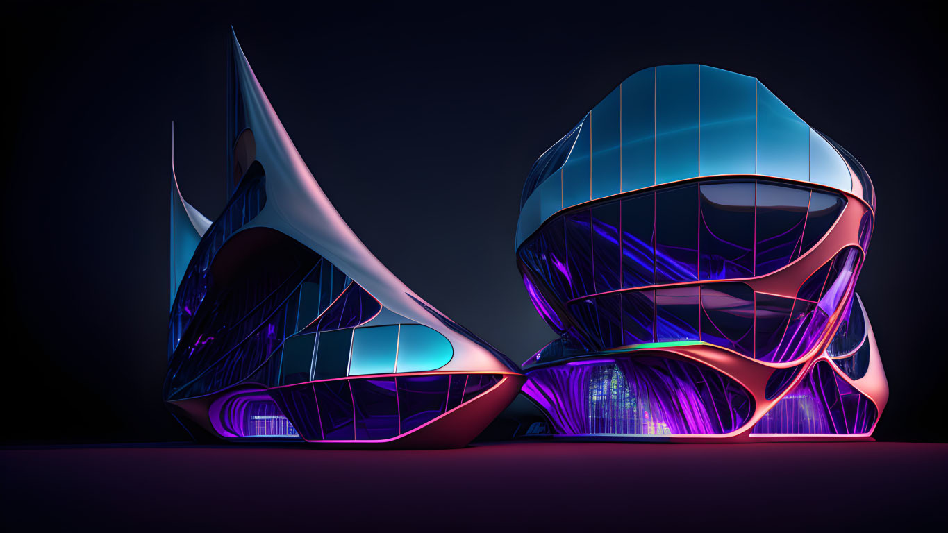 Modern architecture with neon lights on dark backdrop