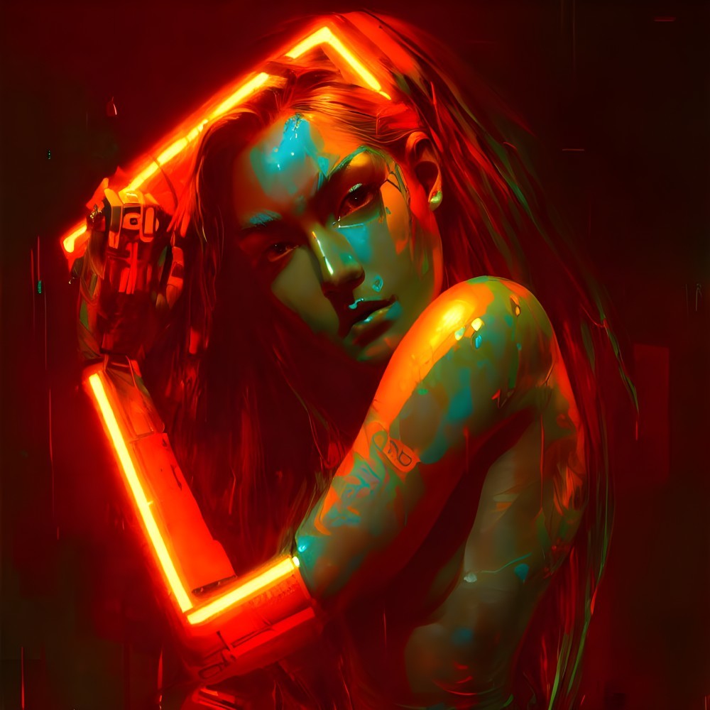 Futuristic woman with neon body paint holding luminescent rod in red and orange setting