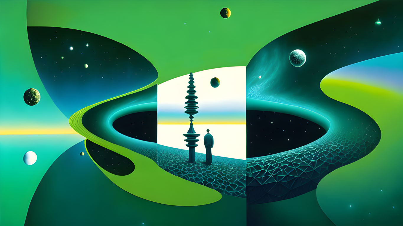 Surreal cosmic landscape with twisted pathway and chess pawn in dual environment