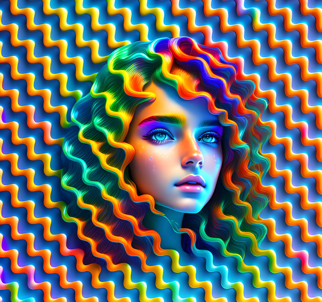 Colorful digital art: Woman with wavy hair and psychedelic backdrop