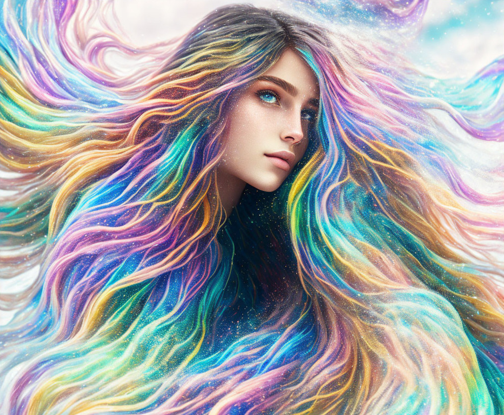 Colorful Woman with Flowing Hair in Cosmic Background