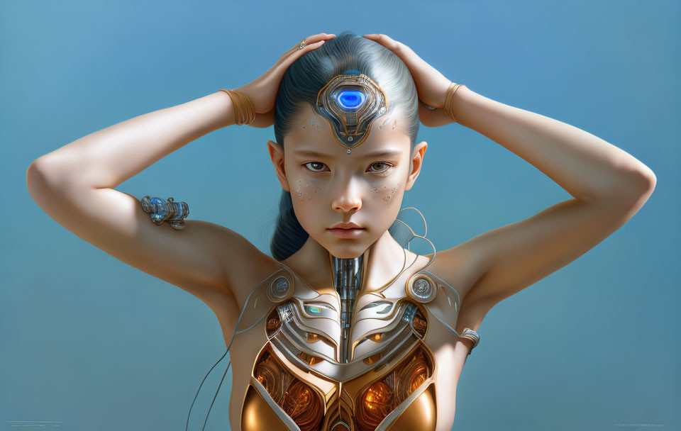 Futuristic female character with blue gem, metallic armor, and intense gaze on blue background