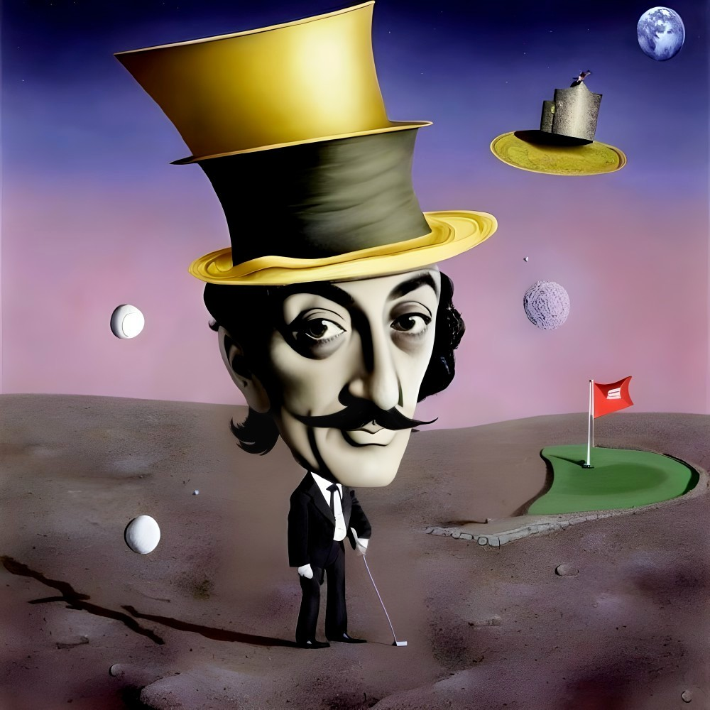 Surreal illustration of gentleman with top hat on lunar landscape