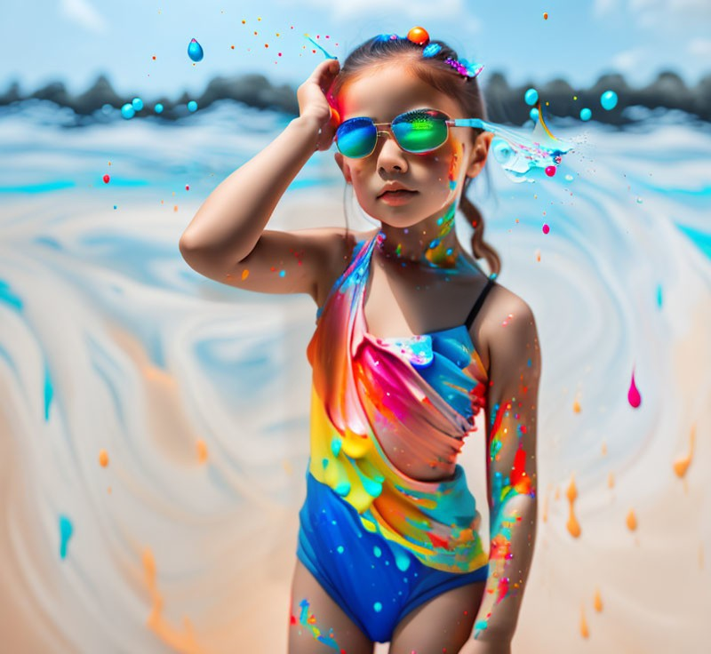 Colorful sunglasses and swimsuit on young girl at beach with frozen paint splashes