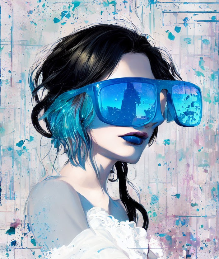 Stylized portrait of woman with blue hair and sunglasses against blue splatter backdrop