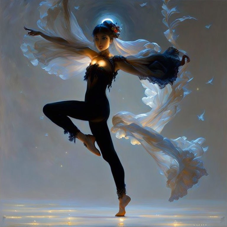 Ethereal dancer with butterflies and soft light