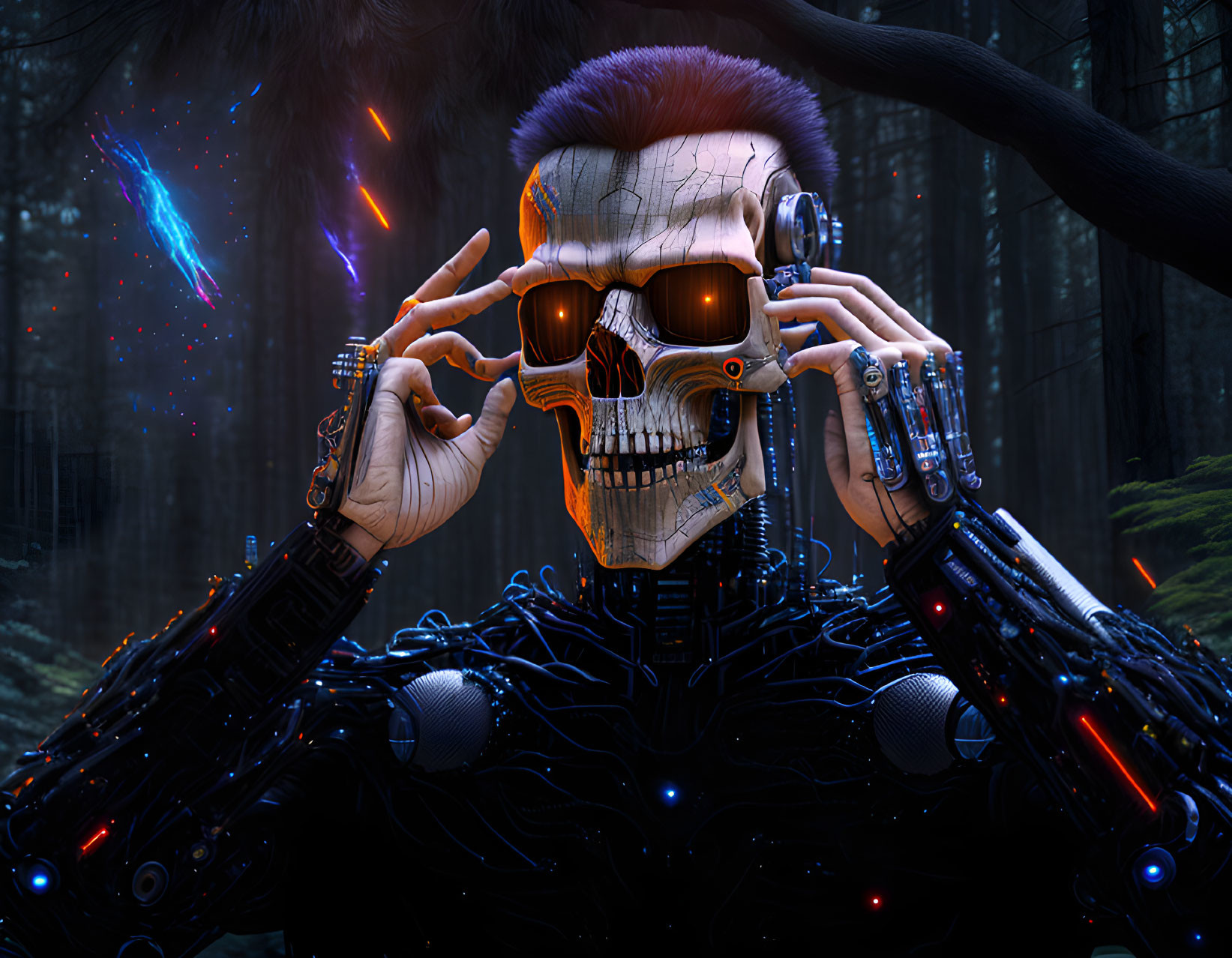 Cybernetic skeleton with human skull and electronic eyes in mystical forest