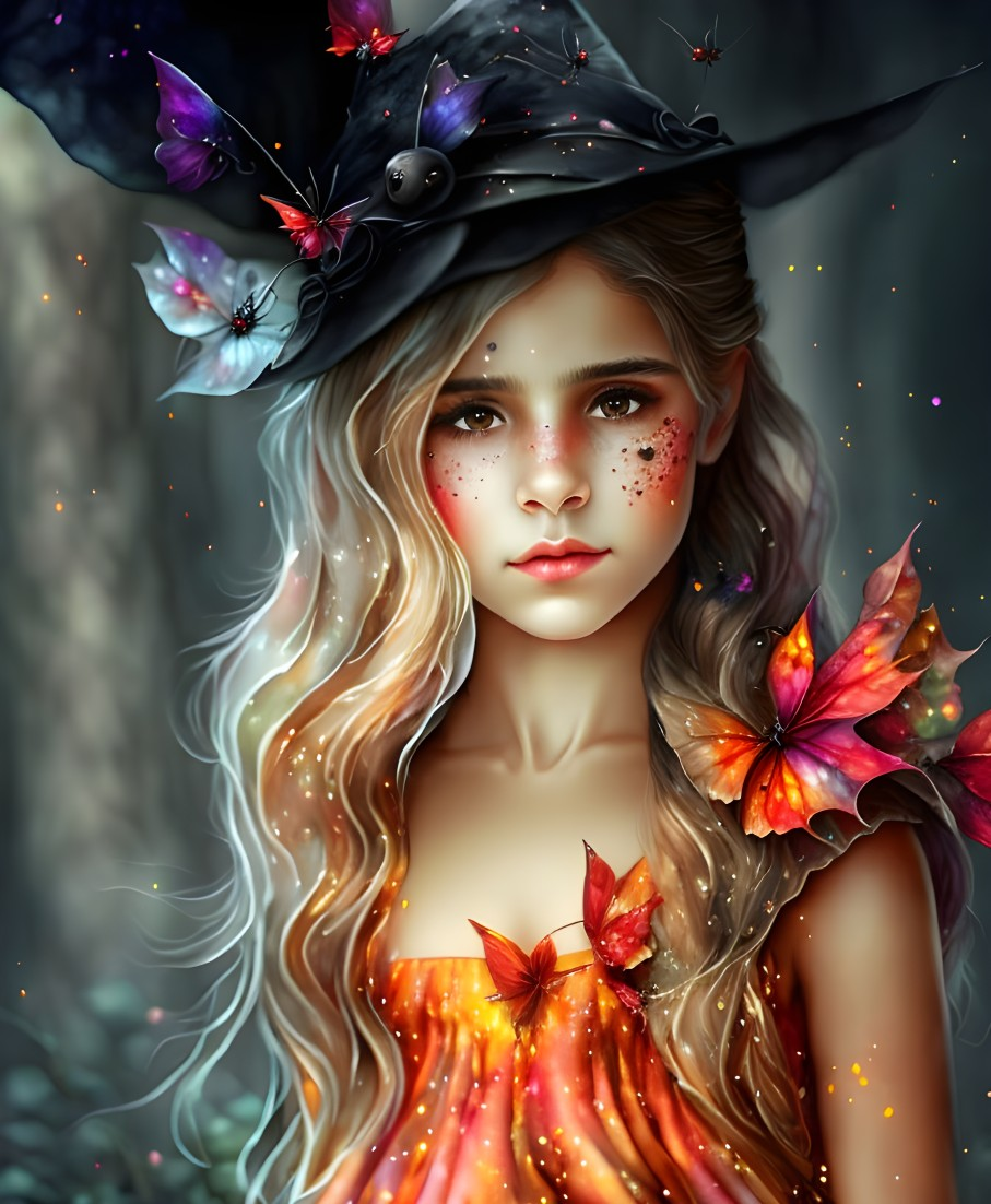 Fantasy illustration of young girl in butterfly-themed attire