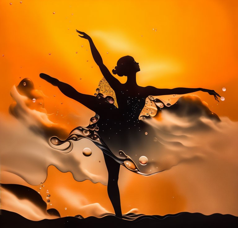 Ballet dancer silhouette with liquid splash on vibrant orange background