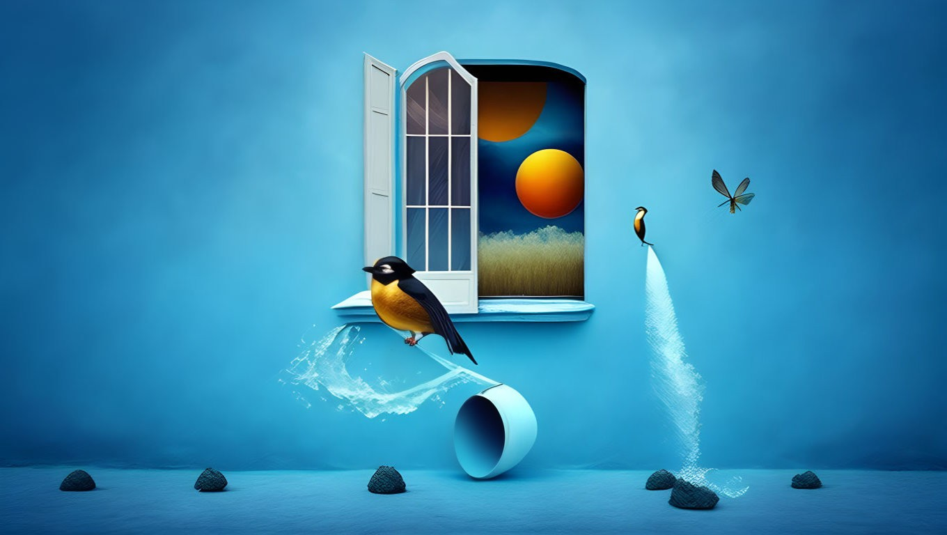 Surreal artwork featuring bird, sunset, water, rocks, and butterfly