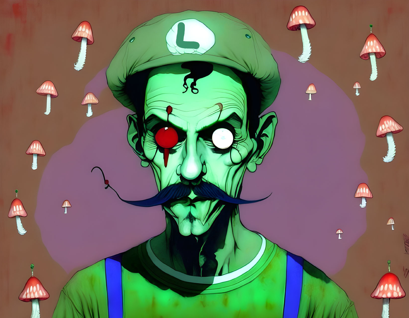 Surreal zombie-like character with green hat and glowing mushrooms