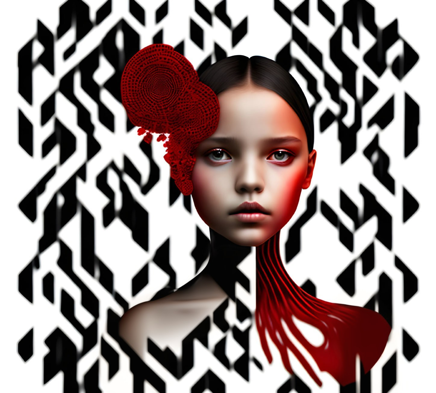 Digital art portrait featuring girl with red makeup and abstract red accessory on geometric background