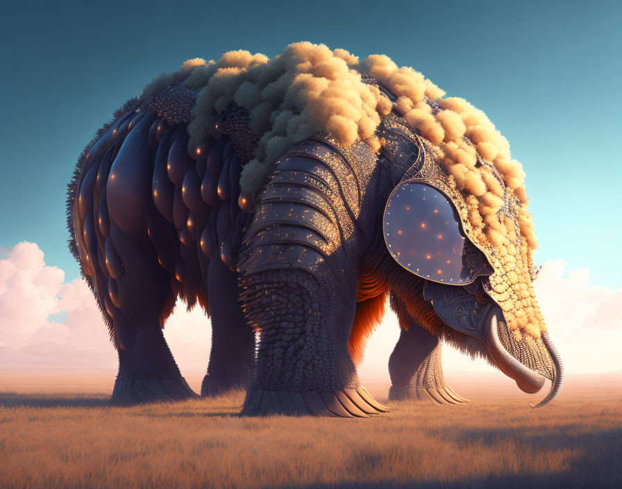 Ornately armored elephant-like creature in golden field