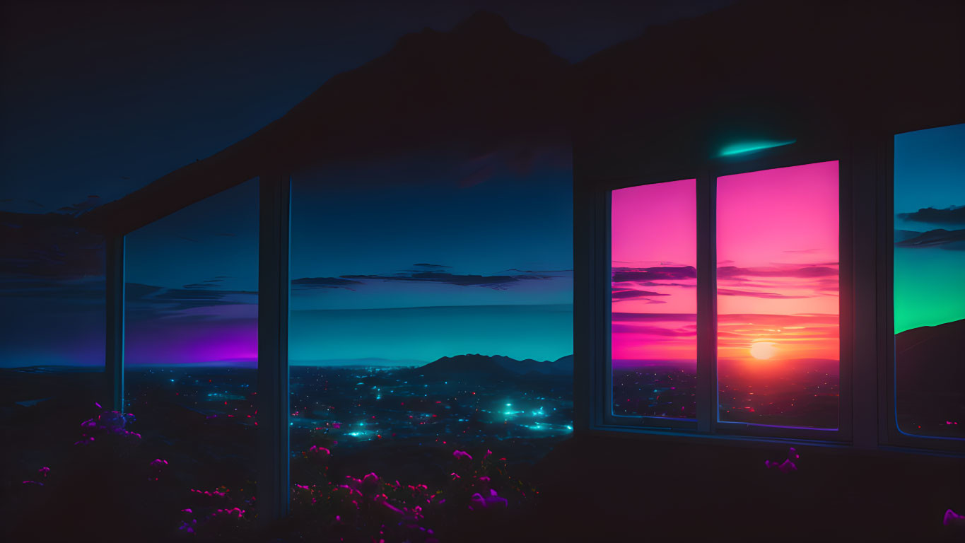 Room with Large Windows Displaying Vibrant Sunset over Mountainous Landscape and City