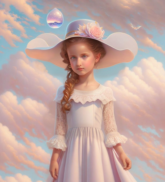 Girl in large hat and pastel dress gazes in dreamy setting