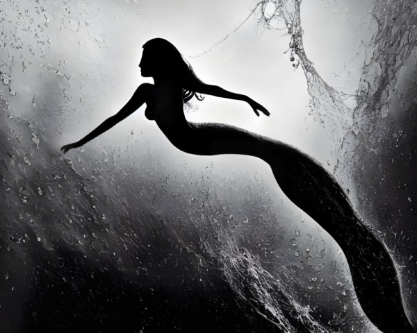 Mermaid silhouette with flowing hair in moody underwater scene