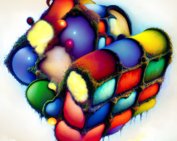 Abstract digital artwork: vibrant, interconnected shapes in colorful network