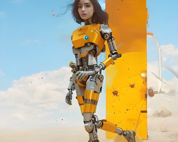 Female-faced humanoid robot in desert with vertical portal and wind turbine