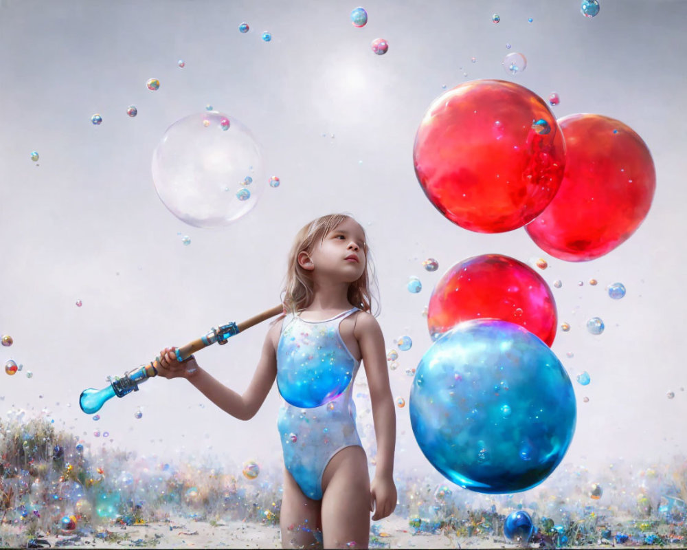 Young girl in swimsuit mesmerized by giant colorful bubbles