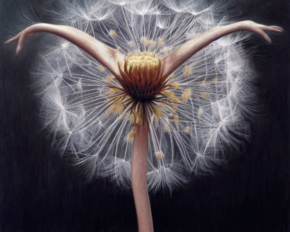 Dandelion seed head transforms into human arms on dark backdrop