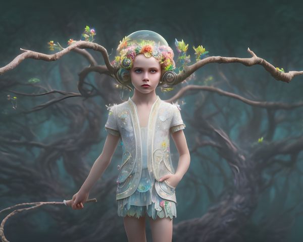 Girl with Branch Antlers and Floral Glass Helmet in Foggy Woods