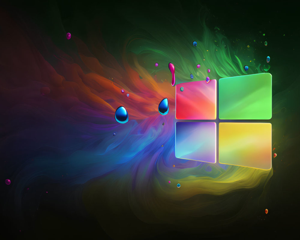 Vibrant digital artwork: Windows logo with neon glow in swirling backdrop