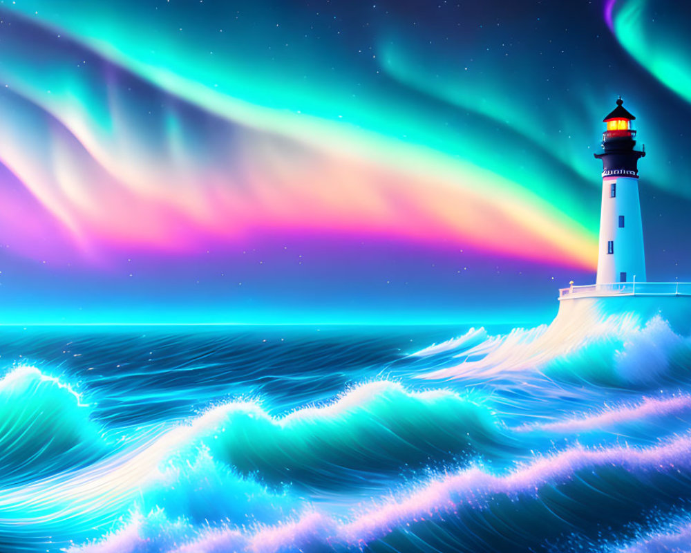 Digital artwork of lighthouse, northern lights, and luminous waves