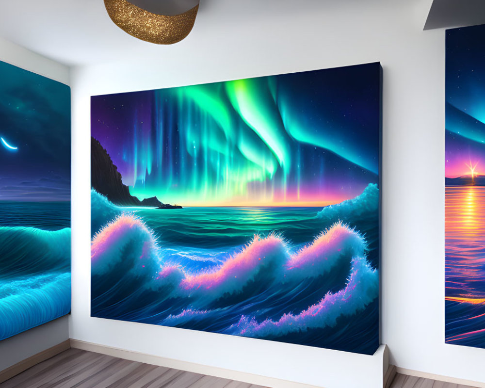 Ocean Scene Under Aurora Borealis in Vibrant Room