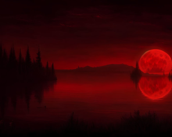 Large Red Moon Over Still Lake Reflecting Glow with Dark Silhouettes of Pine Trees and Crimson Sky