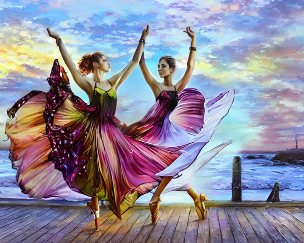 Colorful Dancers Perform on Wooden Pier at Sunset