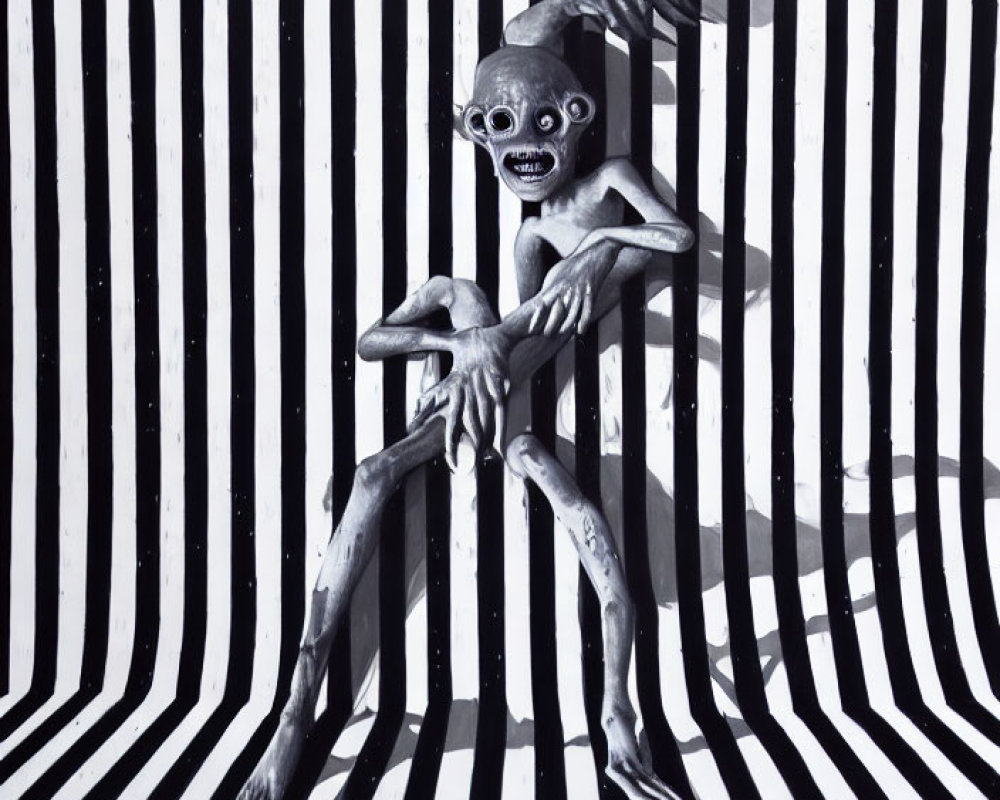 Eerie alien-like figure with oversized eyes against black-and-white striped backdrop