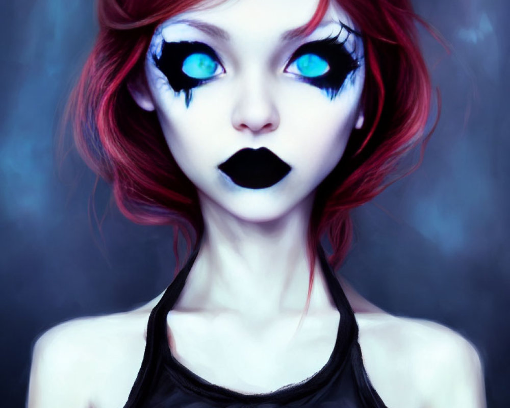 Illustration of girl with blue eyes, black lipstick, red hair on dark backdrop